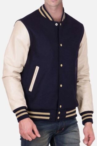 Mens Beige and Black Varsity Jacket