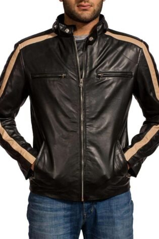 Men's Black Biker Cream Stripes Leather Jacket