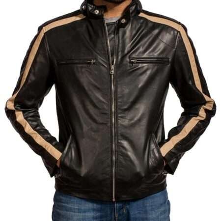 Men's Black Biker Cream Stripes Leather Jacket