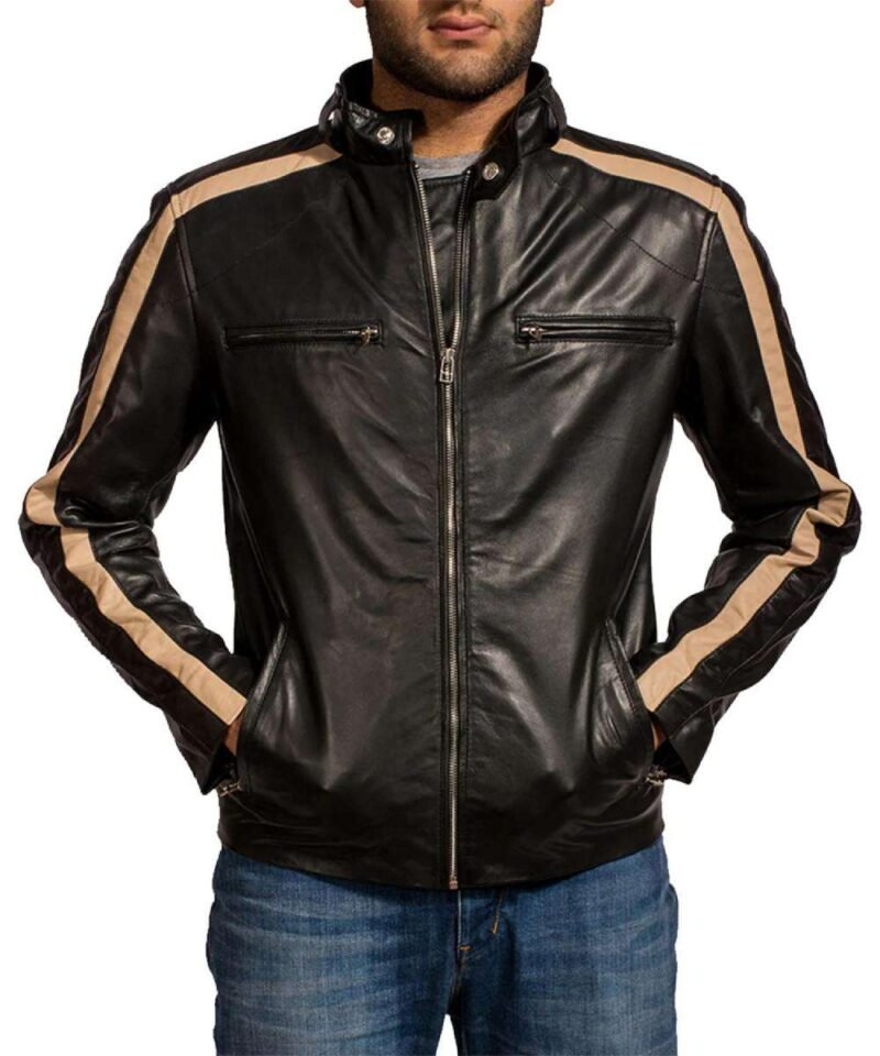 Men's Black Biker Cream Stripes Leather Jacket