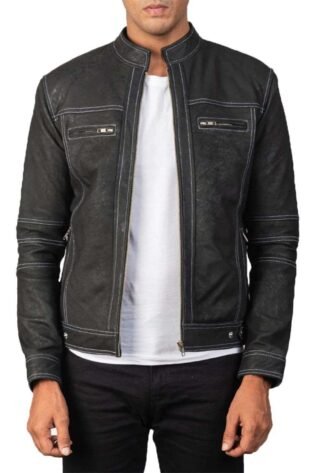 Men's Distressed Black Biker Leather Jacket