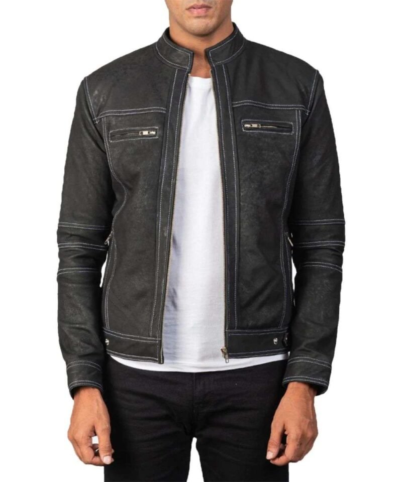 Men's Distressed Black Biker Leather Jacket