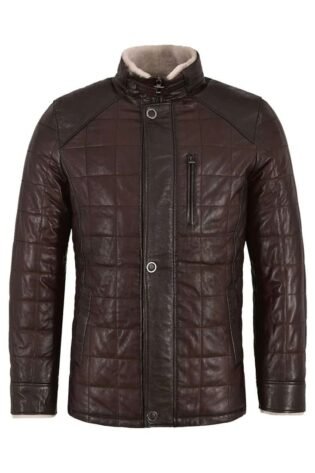 Men's Faux Shearling Quilted Brown Bomber Leather Jacket