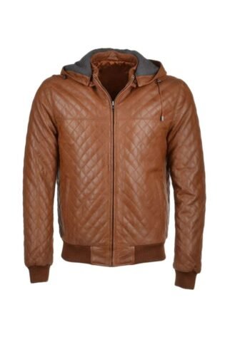 mens quilted hooded bomber leather jacket