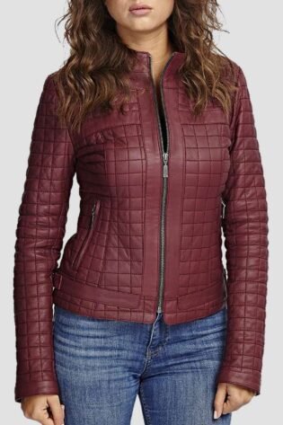 women maroon quilted leather jacket