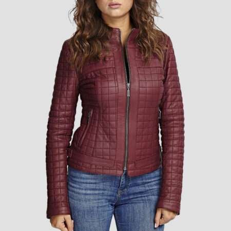 women maroon quilted leather jacket