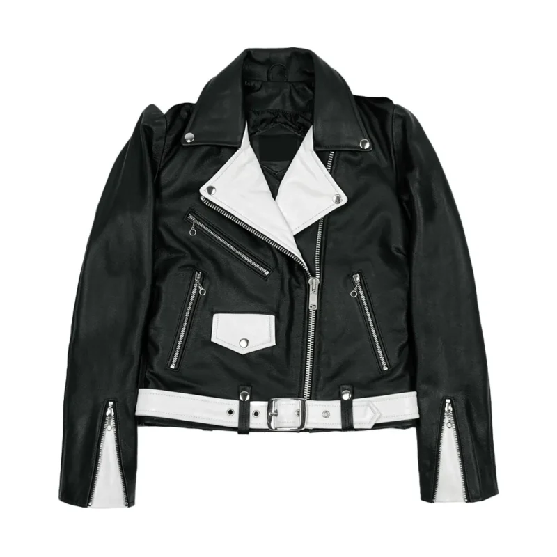 Black and White Biker Leather Jacket Women