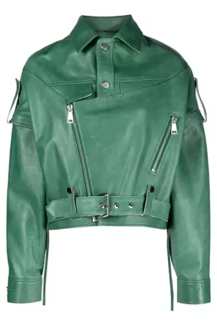 Womens Green Leather Biker Jacket