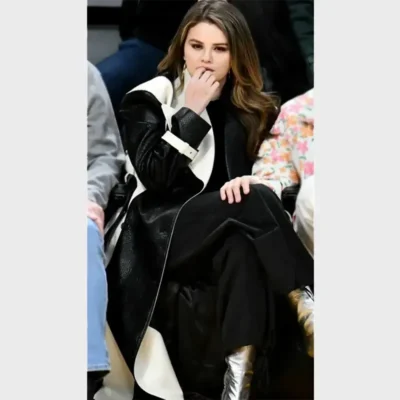 Selena Gomez Black and White Leather Coat