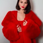 Selena Gomez London Event Red Fur Coat