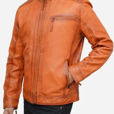 Mens Tan Brown Leather Motorcycle Jacket