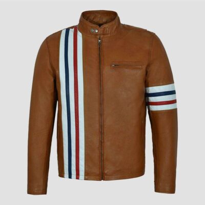 Mens Tan Brown American Flag Stripes Jacket