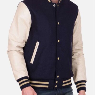 Mens Beige and Black Varsity Jacket