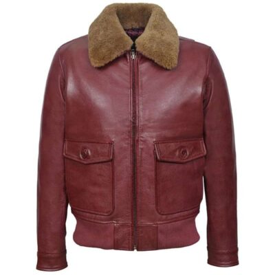 Men's Cherry Bomber Leather Jacket with Ginger Fur Collar