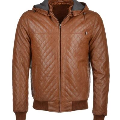 Men's Quilted Hooded Bomber Leather Jacket