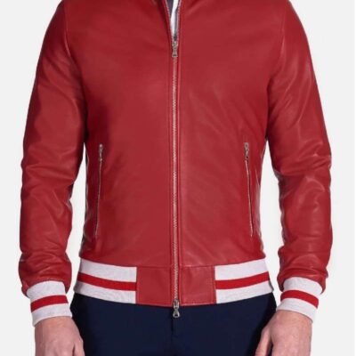 Mens Classic Style Red Bomber Leather Jacket