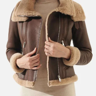 Women Double Collar Shearling Brown Leather Jacket