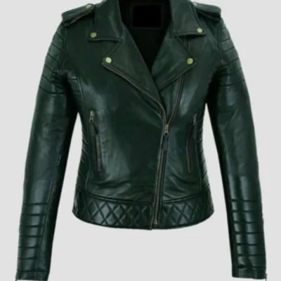 Women Quilted Moto Green Leather Biker Jacket