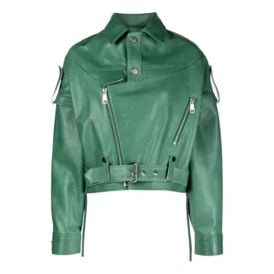 Womens Green Leather Biker Jacket
