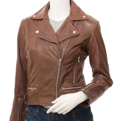 Womens Motorcycle Cross Zip Brown Leather Jacket