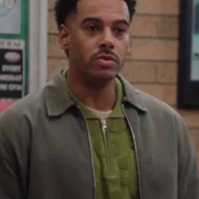 Abbott Elementary S04 Zack Fox Green Dot Half-Zip Sweater