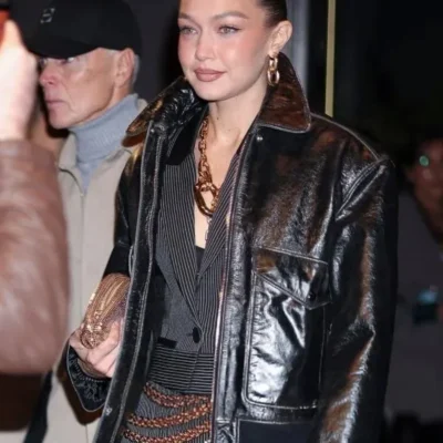 Gigi Hadid NYC 2025 Black Leather Jacket