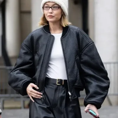 Gigi Hadid Paris Fashion Week Black Leather Bomber Jacket