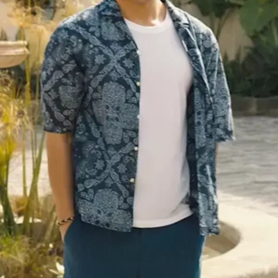 The White Lotus Ethan Spiller Blue Printed Shirt