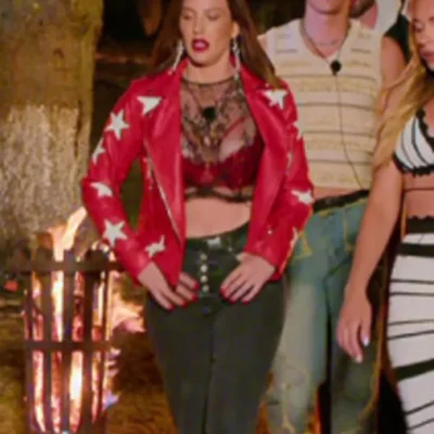 Battle Camp S01 Polly Brindle Red Star Print Leather Jacket