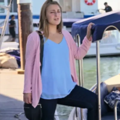 Love On The Spectrum S03 Abbey Lutes Pink Draped Cardigan