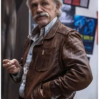 Old Guy 2025 Christoph Waltz Brown Leather Jacket