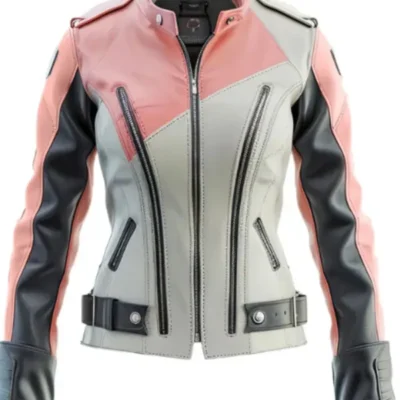 Women’s Ash Grey Pink Leather Bikers Jacket