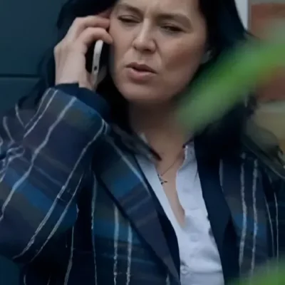 The Feud S01 Jill Halfpenny Blue Plaid Coat