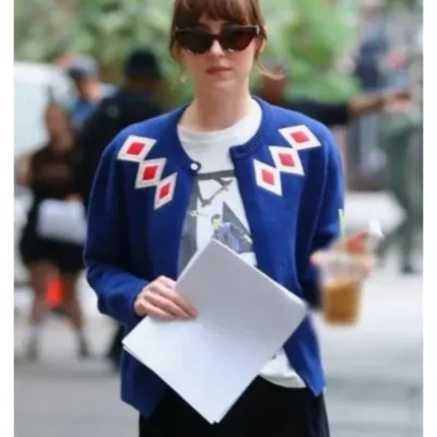 Materialists 2025 Dakota Johnson Blue Argyle Cardigan