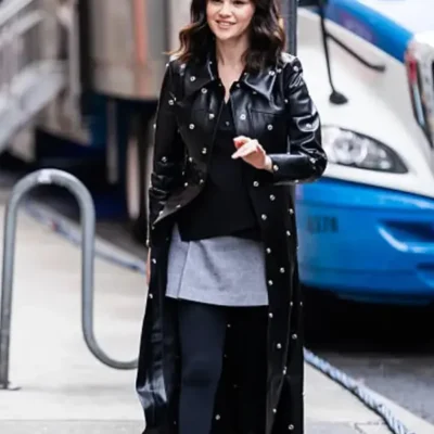 Selena Gomez NYC 2025 Black Leather Trench Coat