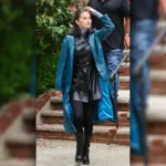 Selena Gomez 2025 Blue Leather Coat