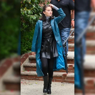 Selena Gomez 2025 Blue Leather Coat