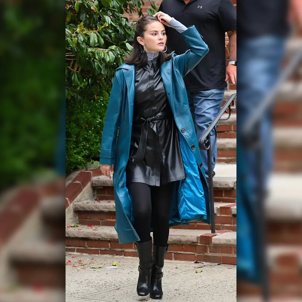 Selena Gomez 2025 Blue Leather Coat