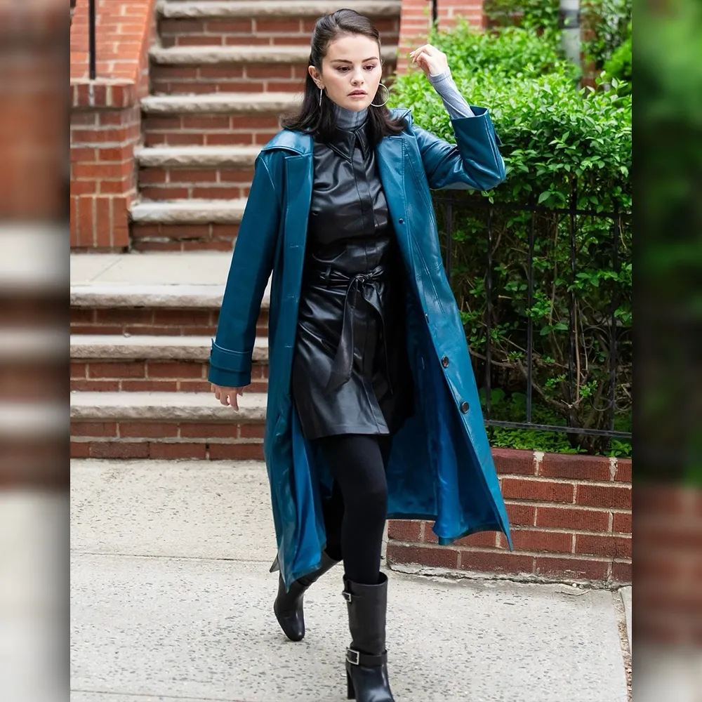 Selena Gomez NYC 2025 Blue Leather Long Coat