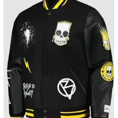 The Simpsons Black Leather Sleeves Varsity Jacket