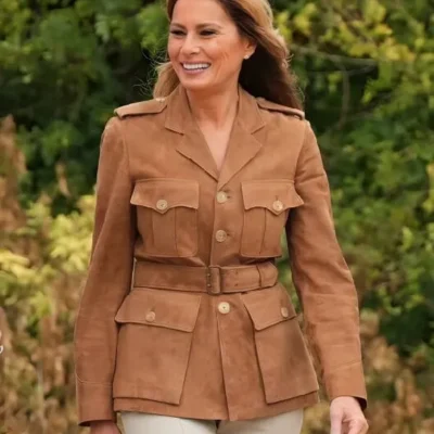 UK State Visit Melania Trump Brown Suede Belted Jacket
