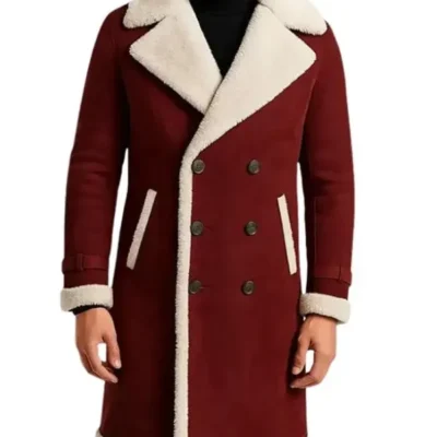 Men’s Maroon Shearling Long Winter Coat For Christmas 