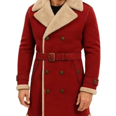 Christmas Red Shearling Belted Trench Coat For Men & Women