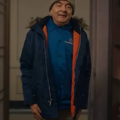 Man Vs Baby 2025 Rowan Atkinson Navy Blue Fur Hooded Coat