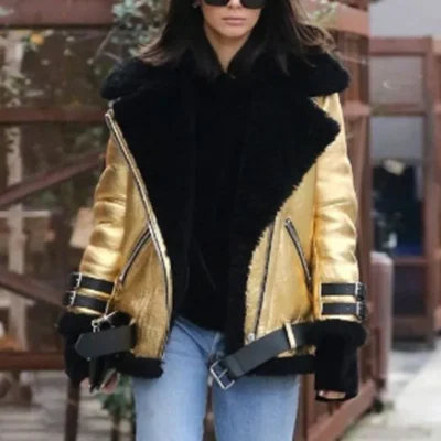 Kendall Jenner Golden Leather Shearling Jacket